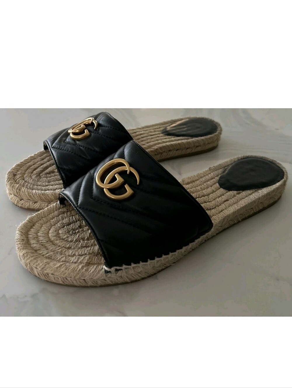 GUCCI Black Nappa Matelasse Gold GG Marmont Espadrille Slide Sandals 10 US = 41 - Picture 4 of 15
